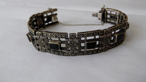 Vintage Art Deco inspired sterling silver, onyx and marcasite panel bracelet