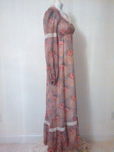 Load image into Gallery viewer, 70s Peasant dress / Lace N Roses Maxi Dress / gauzy sheer sleeves  / 1970s Hippie victorian inspired / boho gypsy