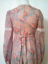 Load image into Gallery viewer, 70s Peasant dress / Lace N Roses Maxi Dress / gauzy sheer sleeves  / 1970s Hippie victorian inspired / boho gypsy