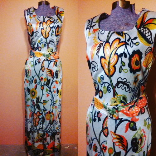 Vintage 60s maxi dress / Burnt Orange Tropical Print Dress / Spring Cruise dress / floral print maxi dress / tiki Party Dress