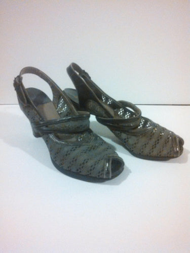 Vintage Mesh 40s grey heels shoes / Open Peep Toe Sling Backs