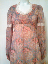 Load image into Gallery viewer, 70s Peasant dress / Lace N Roses Maxi Dress / gauzy sheer sleeves  / 1970s Hippie victorian inspired / boho gypsy