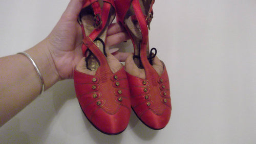 1920s Roaring Red Satin Silk Dancing Tstrap Flapper Heels by Palter Deliso Inc / Display Study