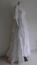 Load image into Gallery viewer, Vintage 50s five tiered lace wedding dress with small train and attached tulle net crinoline underskirt