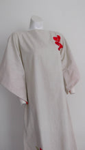 Load image into Gallery viewer, 70s Maxi Dress / large bell sleeve dress Embroidered dress / Linen cotton boho goddess dress / Vintage Maxi Dress / By Caribee