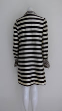 Load image into Gallery viewer, 60s MOD Striped Party Dress / vintage Twiggy dress / Black and White Dress / 60s dress rhinestone buttons / GlitterNGoldVintage