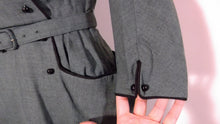 Load image into Gallery viewer, 1940s hunter green light wool dress / exaggerated pockets / double breasted ball button front / high collar dress