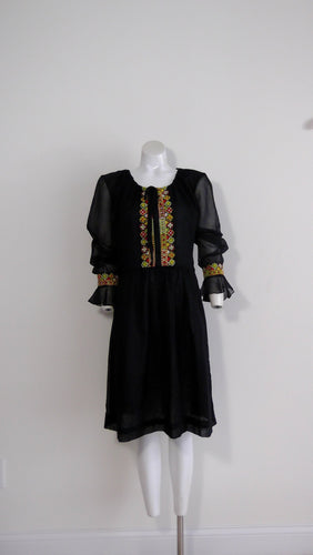 60s 70s embroidered peasant dress / hippie boho dress / goth gypsy stevie joplin dress / sheer gauzy puffy sleeve dress