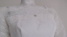Load image into Gallery viewer, Vintage 50s five tiered lace wedding dress with small train and attached tulle net crinoline underskirt