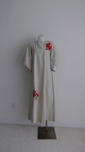 Load image into Gallery viewer, 70s Maxi Dress / large bell sleeve dress Embroidered dress / Linen cotton boho goddess dress / Vintage Maxi Dress / By Caribee