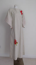 Load image into Gallery viewer, 70s Maxi Dress / large bell sleeve dress Embroidered dress / Linen cotton boho goddess dress / Vintage Maxi Dress / By Caribee