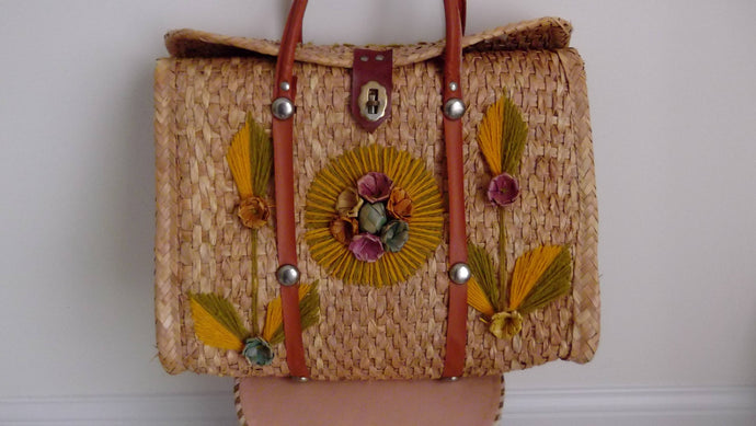 vintage 50s Mexican Wicker Tote Beach bag / Vintage Purse