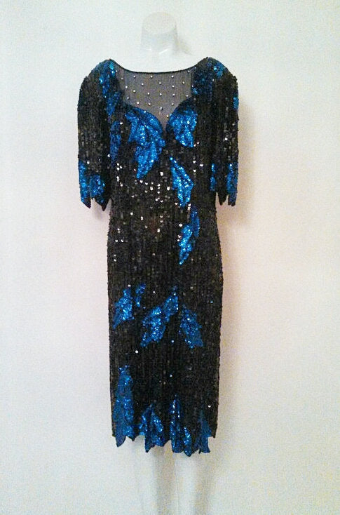 lillie rubin sequin dress Sz S// Vtg Lillie Rubin Stunning Sequin Dress//beaded Gatsby Style Dress With Palm Tree