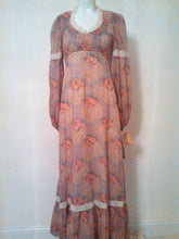 Load image into Gallery viewer, 70s Peasant dress / Lace N Roses Maxi Dress / gauzy sheer sleeves  / 1970s Hippie victorian inspired / boho gypsy