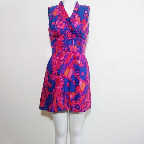 Vintage 60s psychedelic mod Dress / hand dyed silk dress / belted waist and ruffle collar