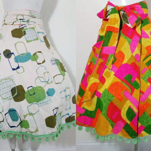 50s 60s psychedelic reversible skirt / barkcloth wrap skirt  / Atomic print skirt / pom pom trim