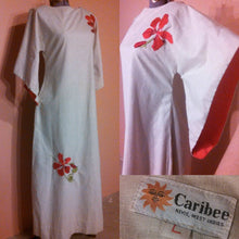 Load image into Gallery viewer, 70s Maxi Dress / large bell sleeve dress Embroidered dress / Linen cotton boho goddess dress / Vintage Maxi Dress / By Caribee