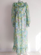 Load image into Gallery viewer, 70s floral maxi dress / 70s blue green dress / 70s Hippie victorian inspired / boho hippie dress / Victorian ruffle collar dress