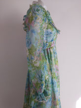 Load image into Gallery viewer, 70s floral maxi dress / 70s blue green dress / 70s Hippie victorian inspired / boho hippie dress / Victorian ruffle collar dress