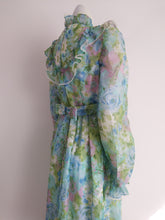 Load image into Gallery viewer, 70s floral maxi dress / 70s blue green dress / 70s Hippie victorian inspired / boho hippie dress / Victorian ruffle collar dress