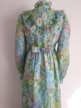 Load image into Gallery viewer, 70s floral maxi dress / 70s blue green dress / 70s Hippie victorian inspired / boho hippie dress / Victorian ruffle collar dress