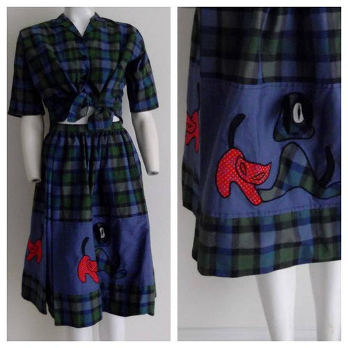 vintage 50s Skirt and blouse Set / 50s Cat and Dog by Novis Denne of Arizona / 50s cotto skirt / VlV Rockabilly / 50s Novelty print