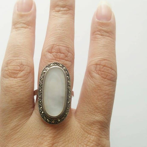 vintage Sterling Silver Art Deco Marcasite Ring / Mother of Pearl ring / vintage gift for her