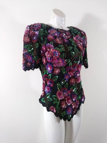 80s beaded sequin blouse / vintage 80s bead silk blouse / Laurence Kazar silk blouse / Vintage Sequin Top / 80s party wear