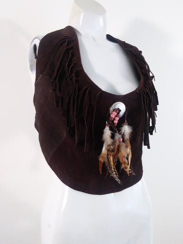 70s leather fringe feather halter top for the best boho hippie vibes