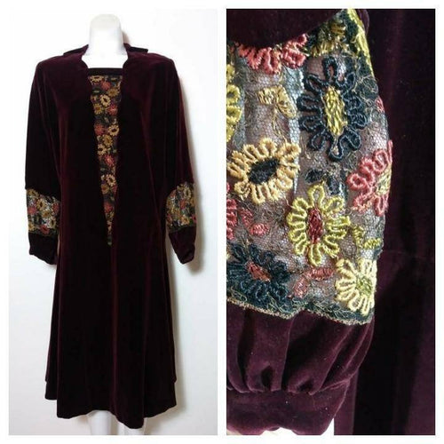 1920s 30s velvet dress with plunging sheer embroidered spun flowers inlay neckline and sheer floral pannel sleeves