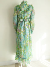 Load image into Gallery viewer, 70s floral maxi dress / 70s blue green dress / 70s Hippie victorian inspired / boho hippie dress / Victorian ruffle collar dress