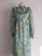Load image into Gallery viewer, 70s floral maxi dress / 70s blue green dress / 70s Hippie victorian inspired / boho hippie dress / Victorian ruffle collar dress