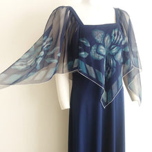 Load image into Gallery viewer, 70s cape sleeve dress / 70s Maxi Dress / scarf dress / 1970s boho hippie gypsy dress / vintage blue dress / 70s disco angel