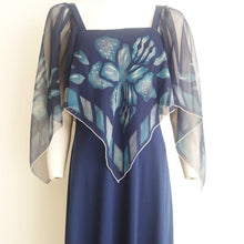 Load image into Gallery viewer, 70s cape sleeve dress / 70s Maxi Dress / scarf dress / 1970s boho hippie gypsy dress / vintage blue dress / 70s disco angel