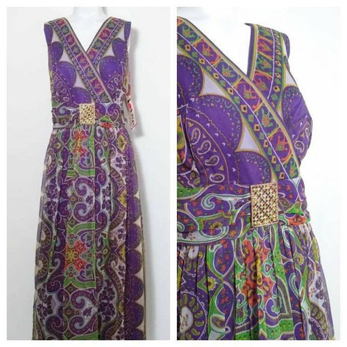 60s Chiffon Paisly Dress / Psychedelic Dress / Vintage Maxi Dress / Purple Maxi Dress / Large Rhinestone Buckle / NOS never been worn