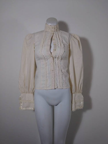 70s Gunne Sax Jessica McClintock Victorian blouse / Gunne Sax Victorian inspired / Cream Color 70s blouse / lace trim puffy sleeves