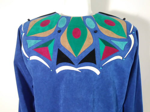 vintage 70s ultra suede dress from designer Beverly Robin for Self Expression fabulous pucci inspired peacock pattern
