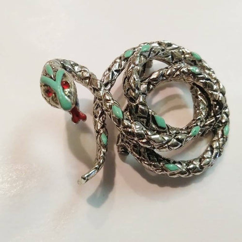 Vintage enamel snake brooch with Rhinestone eyes / Silver Tone