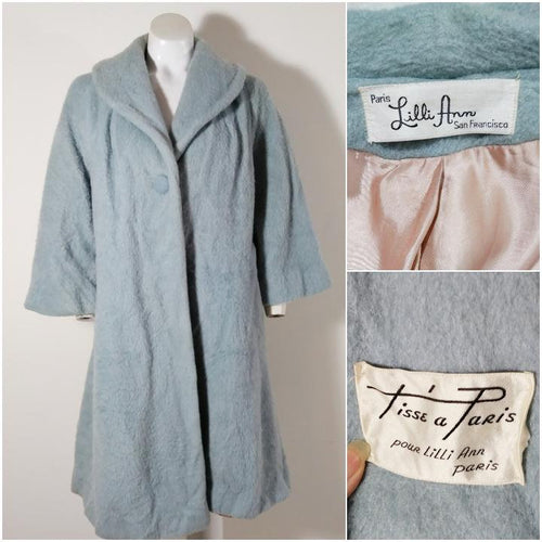 Vintage LILLI ANN 50s mohair wool pale blue swing coat / size med large xl
