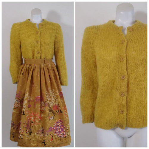 Vintage 50s cardigan sweater / 50s mustard chartreuse cardigan / 50s mohair fuzzy cardigan / 50s Rockabilly cardigan / GlitterNGoldVintage