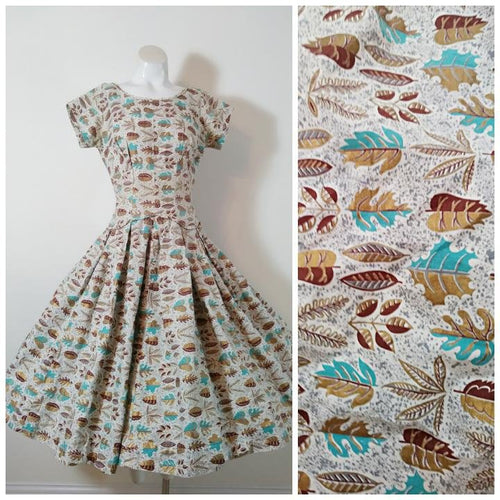Vintage 50s Dress / 50s full circle skirt dress / 50s painted gold leaves dress / 50s Cocktail Dress / Glitterngoldvintage