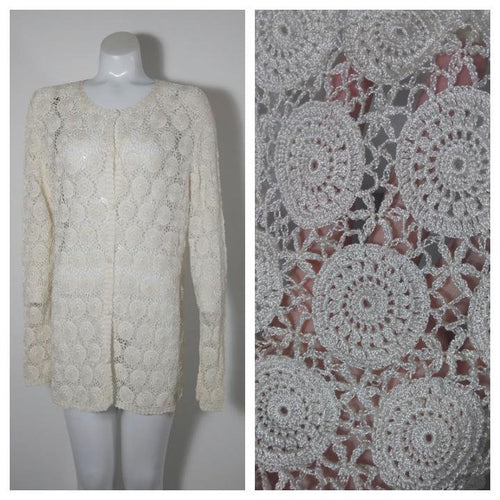 70s Crochet knit Sheer mesh lace cardigan / Folk lace Bohemian Revival hippie boho