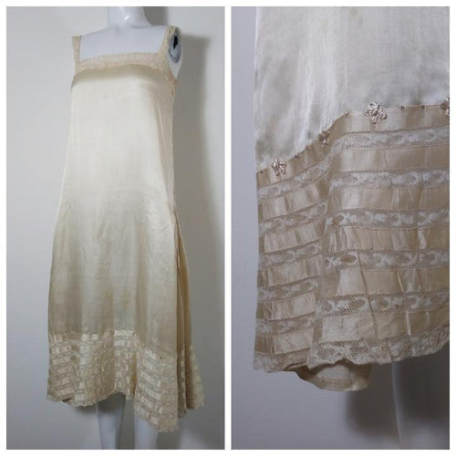 1920s 20s silk slip dress with sheer floral chantililly lace tired pannels