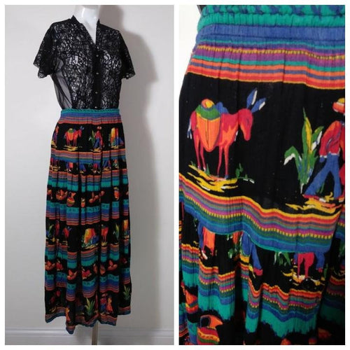 80s Mexican print India Rayon Maxi Skirt 40s 50s inspired