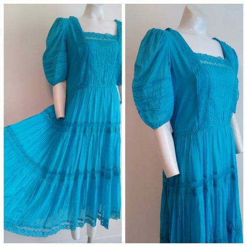 vintage 70s India cotton gauzy dress / 70s turquoise dress / Artisan hand made in India / 70s Victorian inspired / 70s boho dress