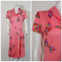 Load image into Gallery viewer, 70s signed Maurice dress / Pucci print style dress / Peter Max butterfly print / Mod Psychedelic print dress / 70s poly butterfly dress