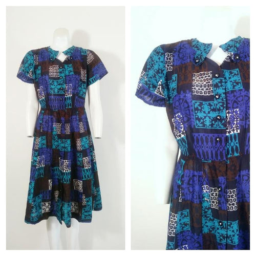 Vintage 50s cotton dress / 50s day dress dress / 50s blue dress / 50s multi pattern print dress / 50s large dress / Glitterngold