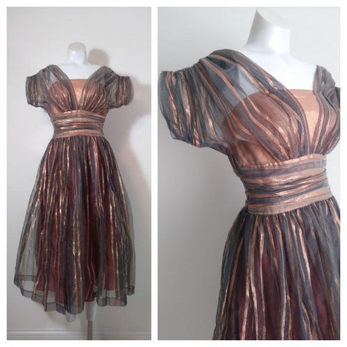 Vintage 50s prom dress / vintage 50s Party dress / 50s copper metallic organza dress / 50s shelf bust hour glass / Glitterngoldvintage