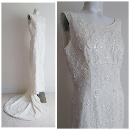Vintage Sheath Wedding dress with train Formal Dress  / Vintage Bridal gown with lace and pearls detail / size 10