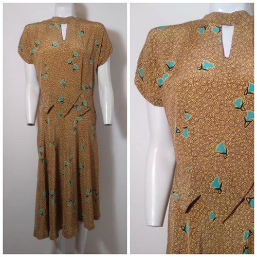 40s rayon dress / 40s novelty print dress / blue bell flowers dress / vintage Rayon Dress